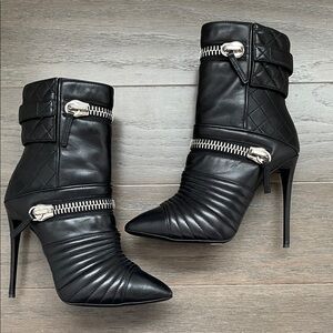 Black Quilted Leather and Zippered Ankle Boots